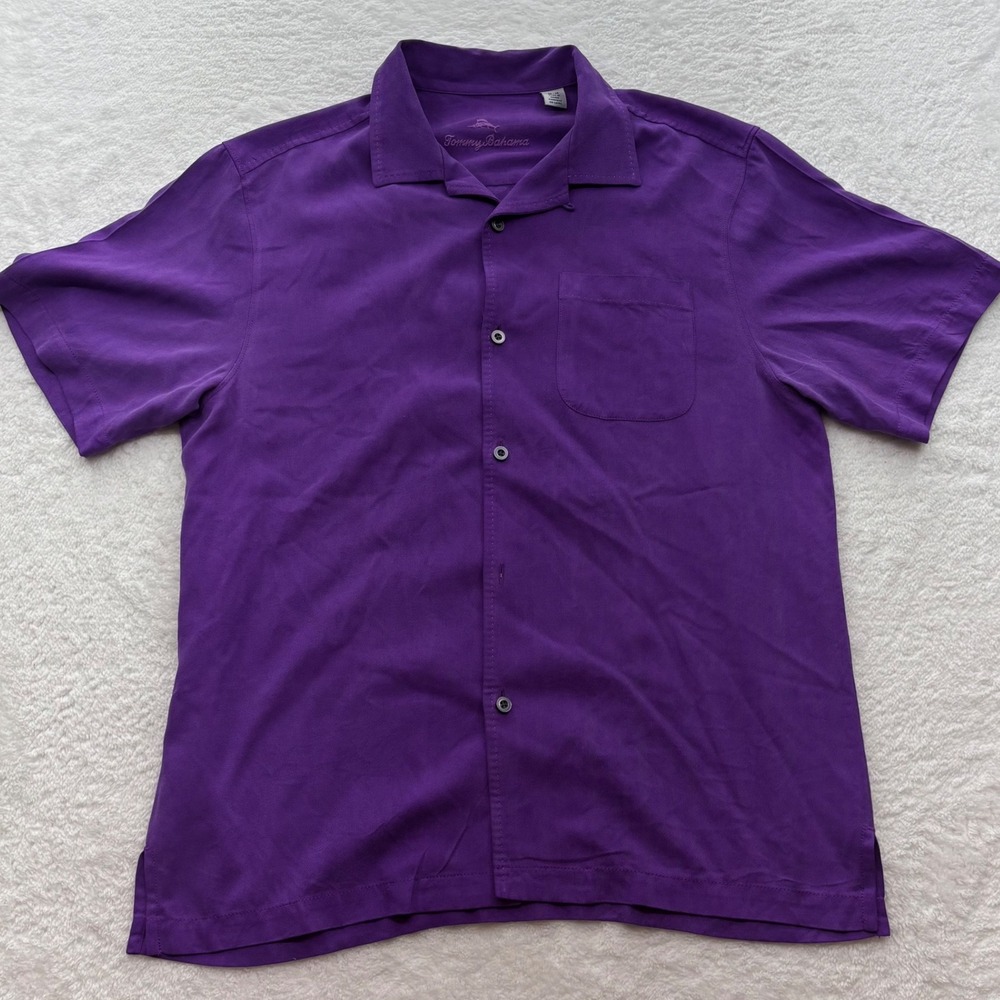 Tommy Bahama Mens Silk Herringbone Camp Shirt Purple Short Sleeve Medium